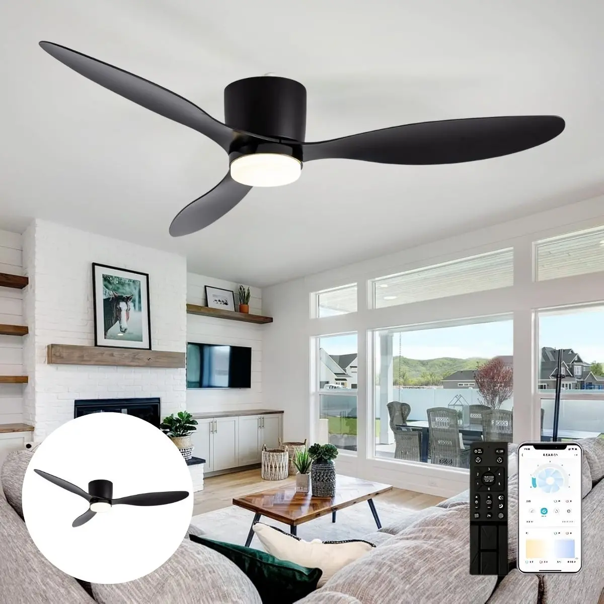Abanico De Techo Con Lámpara. 3 Tonos De Luz. 52" Ventilador Con Control Remoto. Fan 110V Color Negro 1