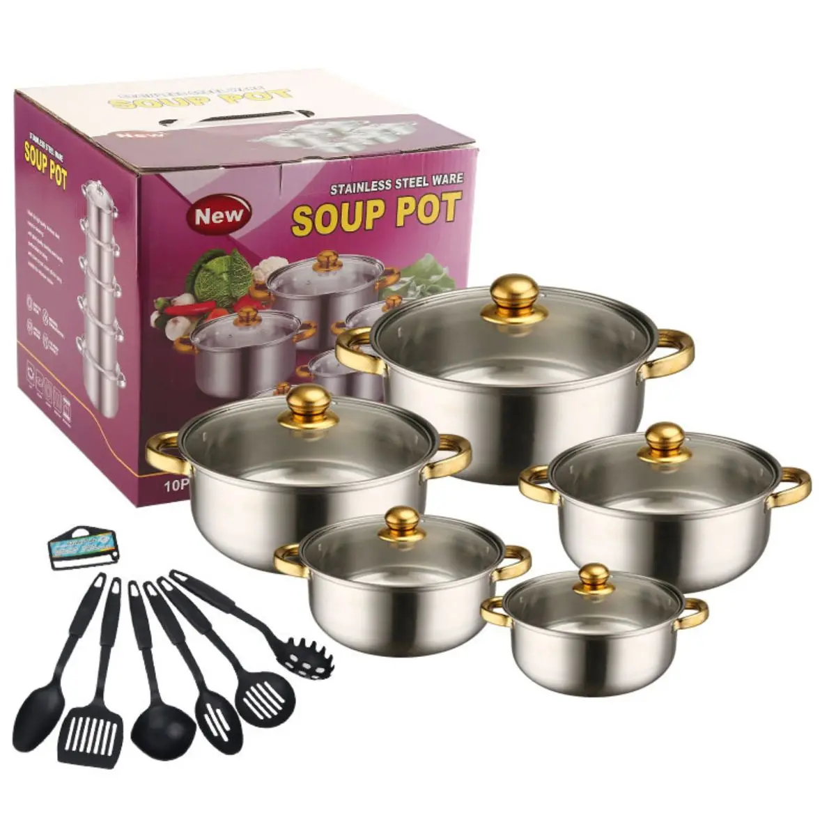 Ollas De Acero Inoxidable. Set Juego De 16 Piezas. Incluye Tapas De Vidrio Y Utensilios. 100% Libre De Teflón. 1