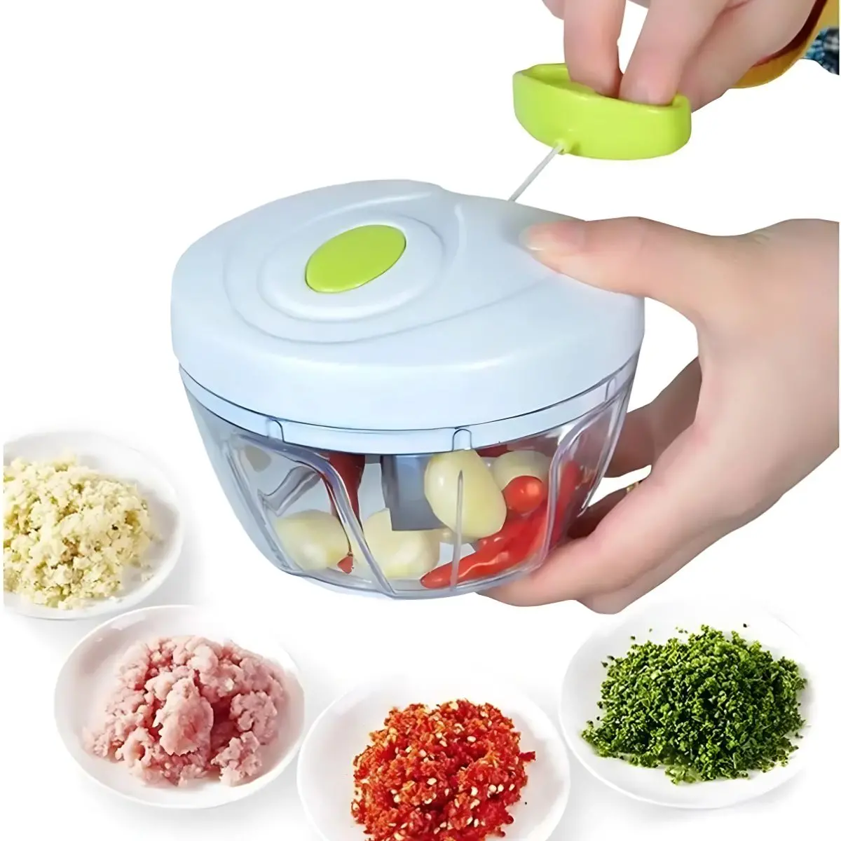Procesador De Alimentos Manual Por Cuerda. Mini Picador Manual De 3 Cuchillas. Tritura Ajo, Verduras Y Frutas. 1