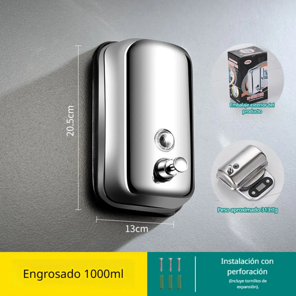 Dispensador De Jabón Líquido Pared 1000Ml Acero Inoxidable 2