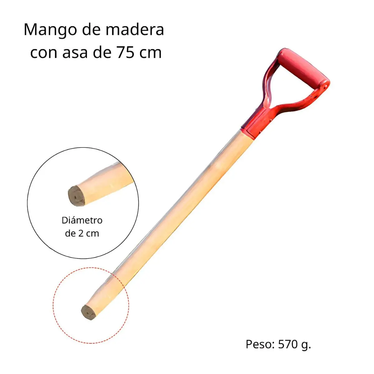 Mango De Madera Con Asa. (Longitud 75 Cm) Para Palas Y Herramientas De Jardinería. (Solo Palo Con Asa) Calidad Economica 1