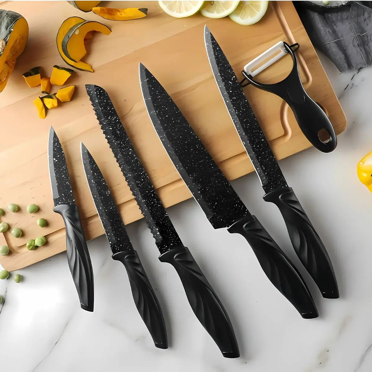 Cuchillos De Cocina Profesionales. Set De 6 Piezas. Juego De Cuchillos Antiadherentes Con Pelador. 1