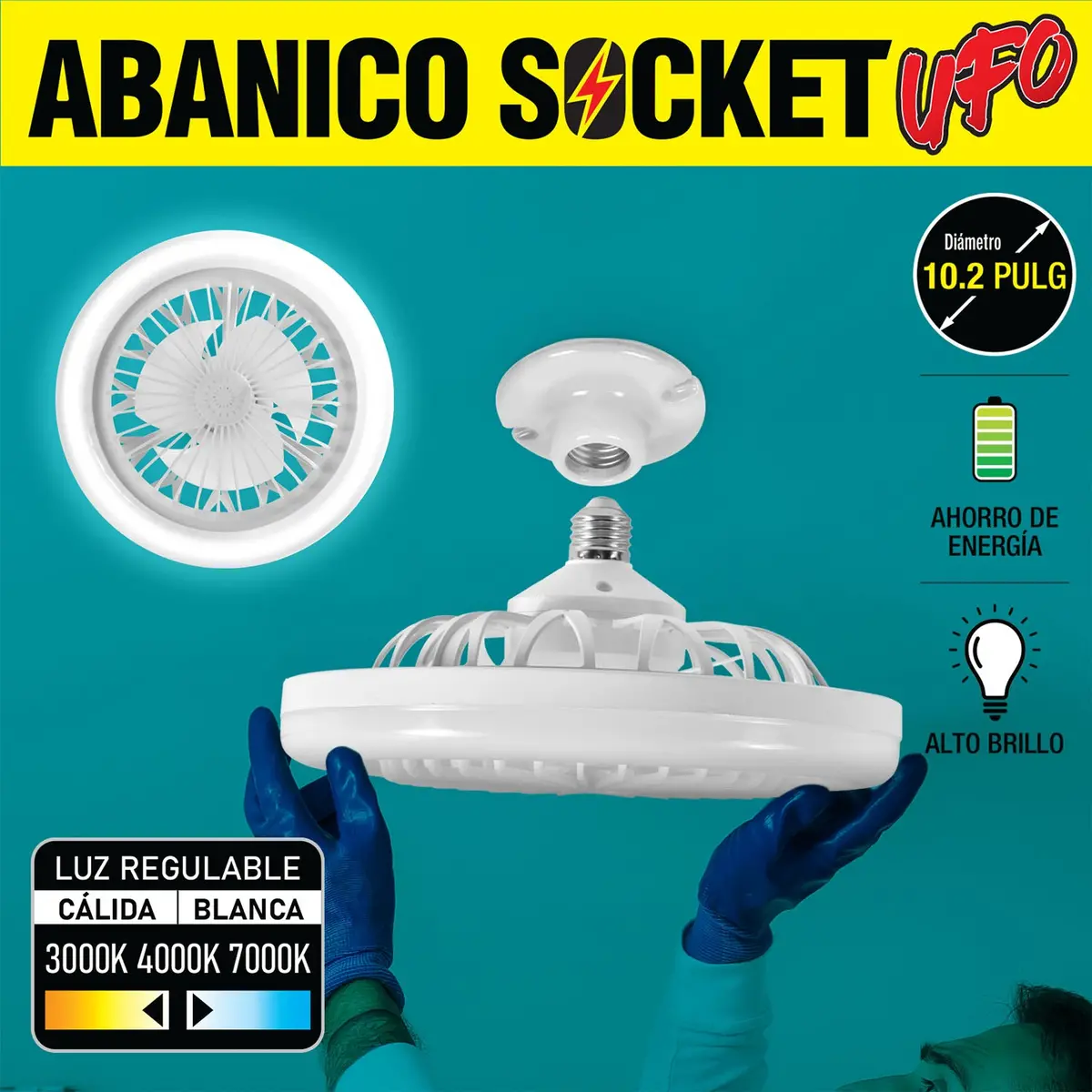 Abanico Socket De Techo Ventilador Ufo Led 10" Base E27 30W, Luz Regulable Calido Y Blanco, Cct. 260X120mm Dimeable 1