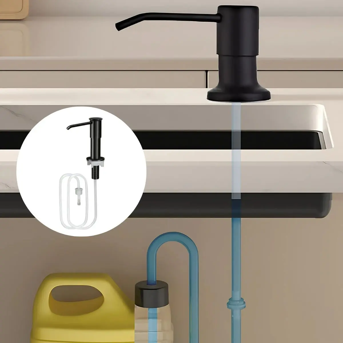 Dispensador De Jabón Para Fregadero Con Manguera Larga De 1 Metro. Conexión Directa A Botella De Detergente. Dosificador. Jabonera Color Negro 1
