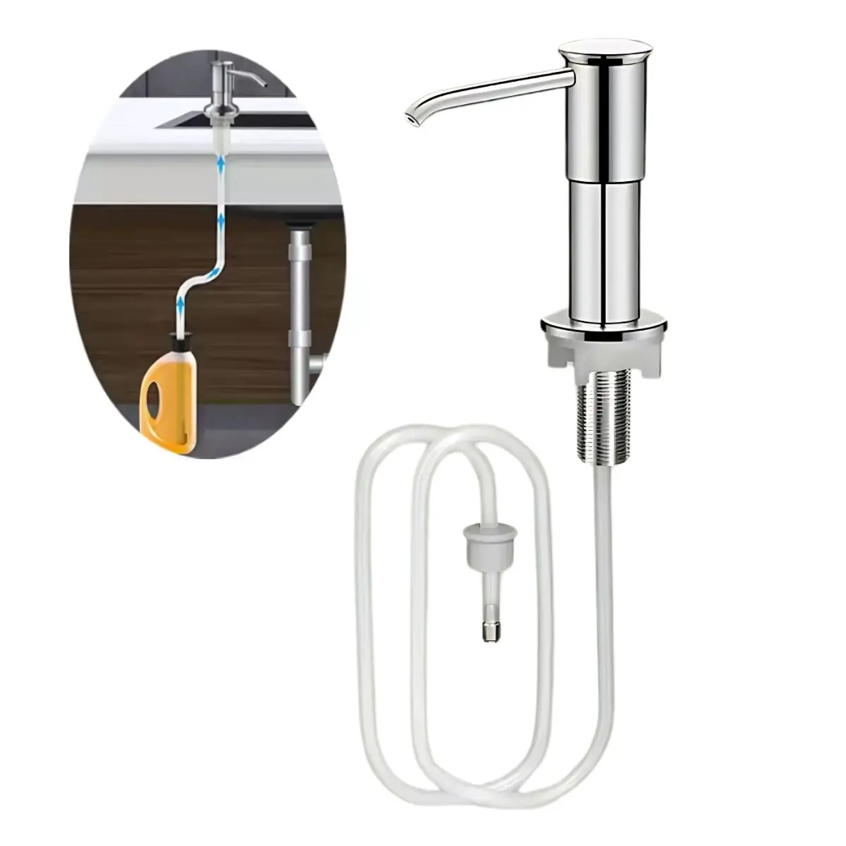 Dispensador De Jabón Para Fregadero Con Manguera Larga De 1 Metro. Conexión Directa A Botella De Detergente. Dosificador. Jabonera. Color Silver 1