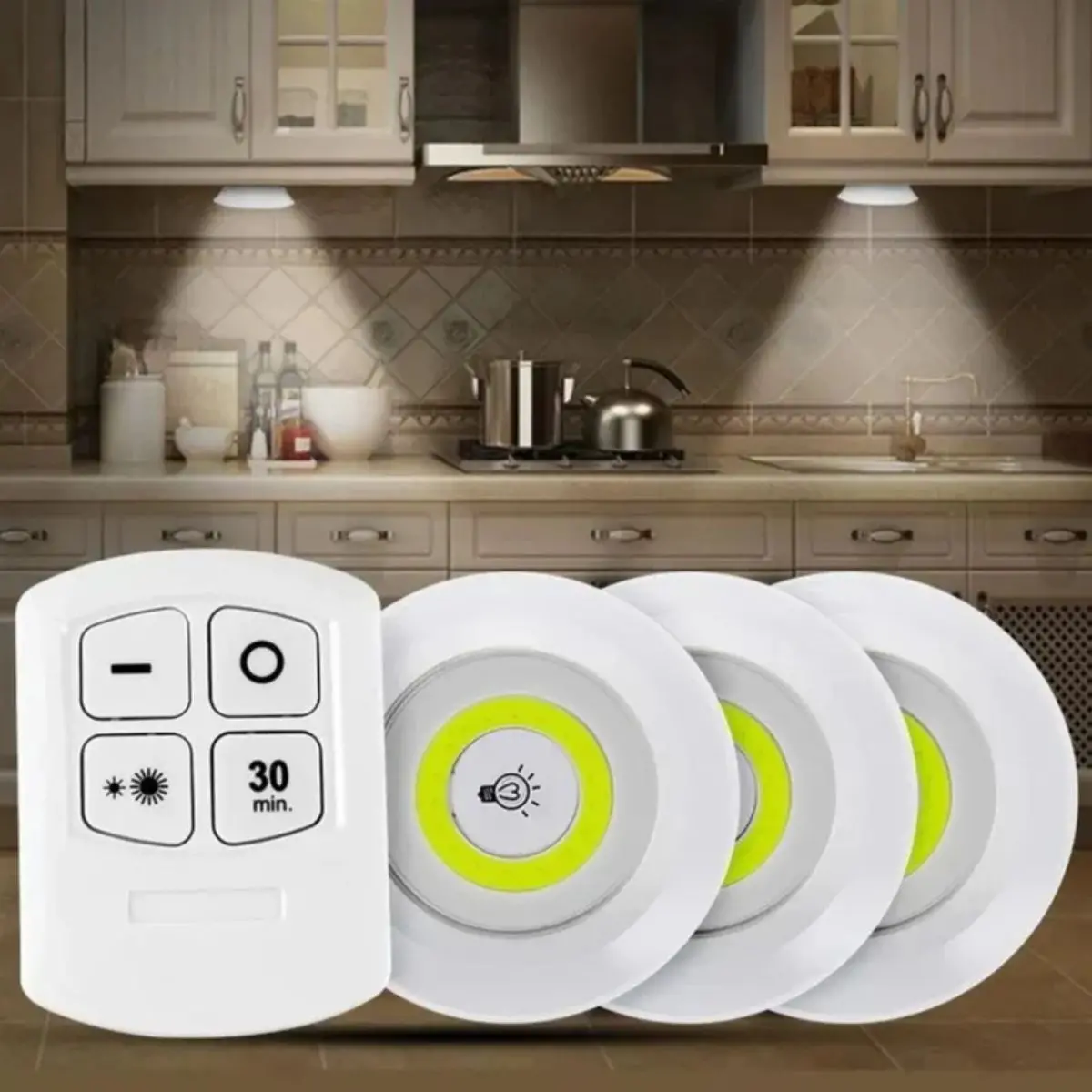 Luz Adhesiva Con Control Remoto (Set De 3 Piezas). Iluminación Cálida Cob Regulable Con Temporizador. 1