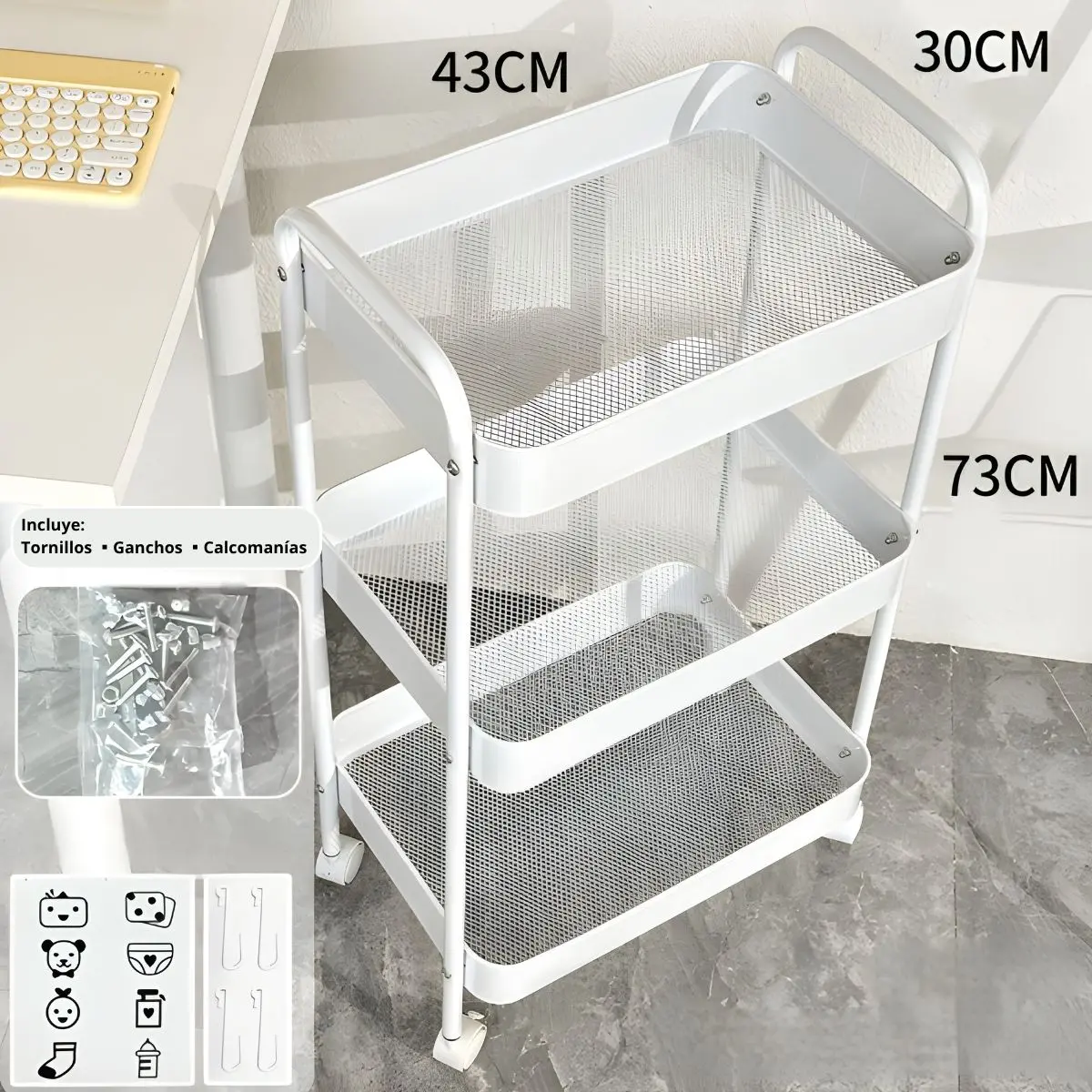 Carrito Organizador Metálico De 3 Niveles 17X12x 28” (43X30x73cm) Carrito Auxiliar Multifuncional Para Hogar, Oficina, Cocina Y Baño. Color Blanco 1