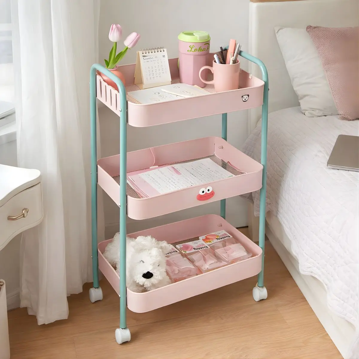 Carrito Organizador Metálico De 3 Niveles 17X12x 28” (43X30x73cm) Carrito Auxiliar Multifuncional Para Hogar, Oficina, Cocina Y Baño. Color Rosa Y Celeste 1