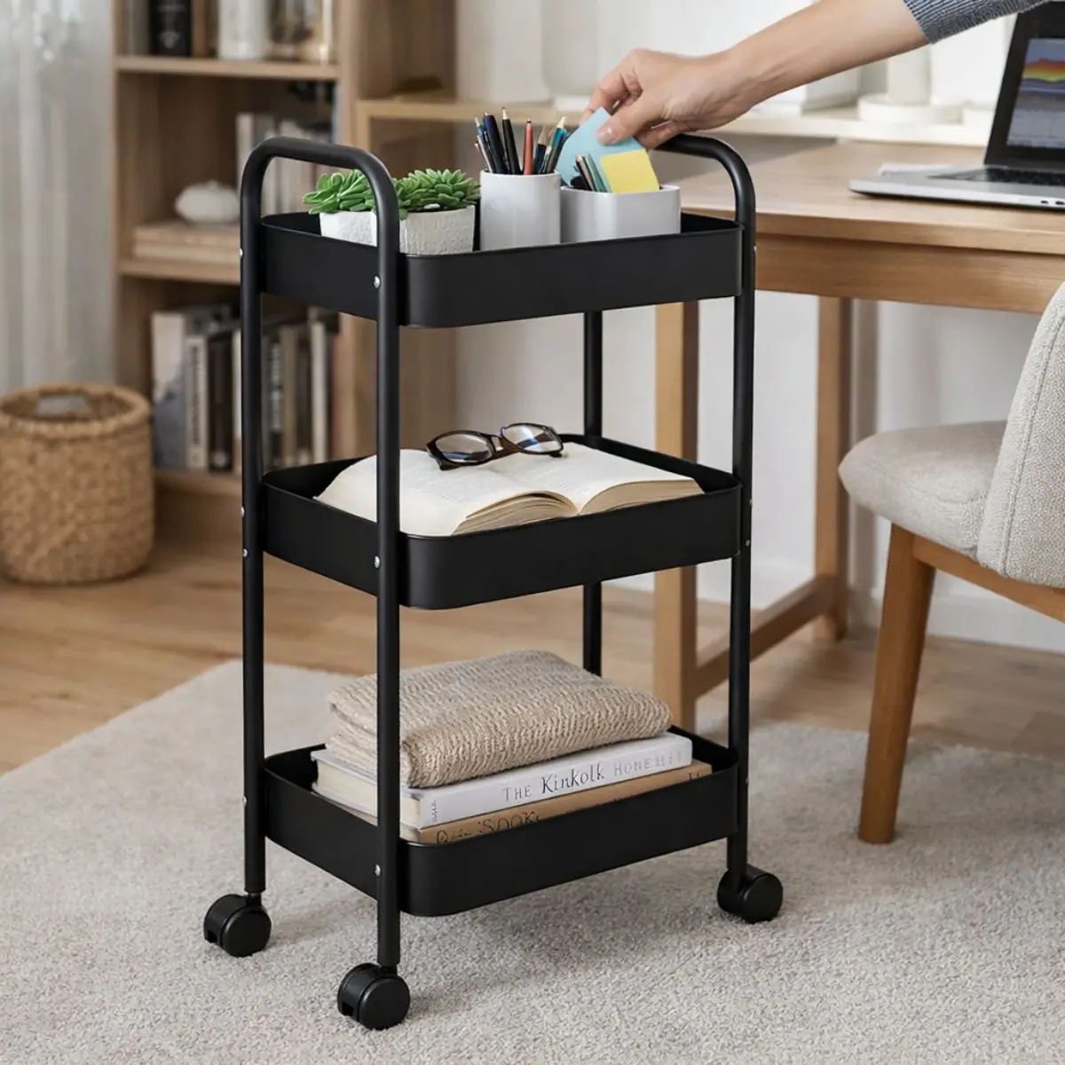 Carrito Organizador Metálico De 3 Niveles 17X12x 28” (43X30x73cm) Carrito Auxiliar Multifuncional Para Hogar, Oficina, Cocina Y Baño. Color Negro 1