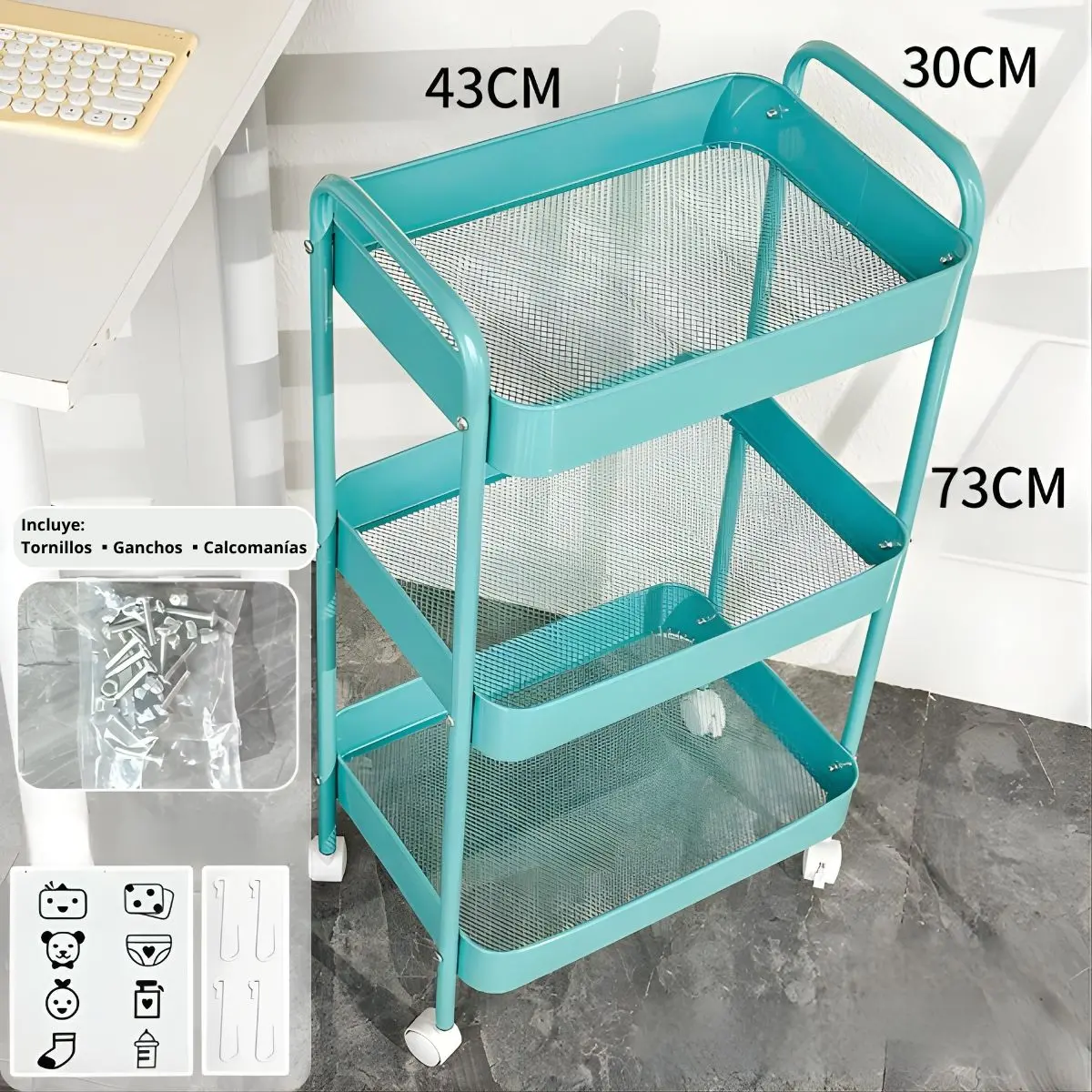 Carrito Organizador Metálico De 3 Niveles 17X12x28” (43X30x73cm) Carrito Auxiliar Multifuncional Para Hogar, Oficina, Cocina Y Baño. Color Celeste 1