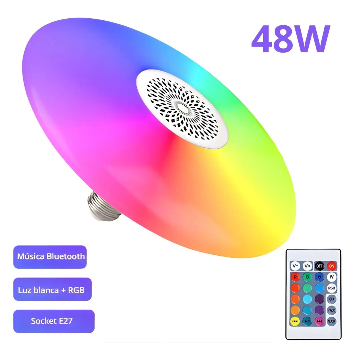 Foco Led Rgb Y Luz Blanca 6500K Bluetooth Con Bocina. Lámpara Socket E27 Con Control Remoto. Bombillo Para Salas, Habitaciones, Gamers 48W 11.8" (30Cm) 1