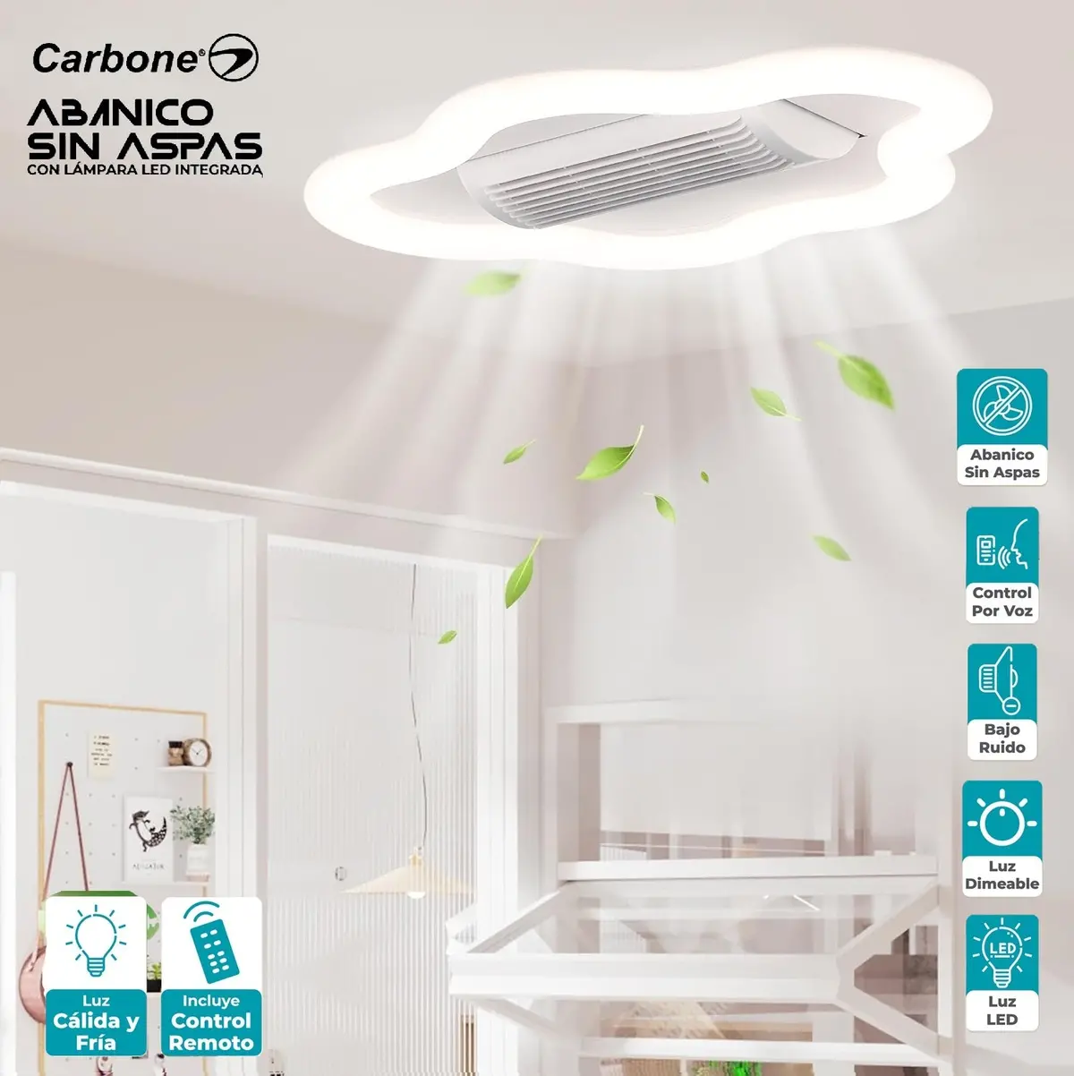Abanico Sin Aspas Lampara Led Control Por Voz Nube Decorativa Dimeable 3000-6500K 56X38cm 47W 1