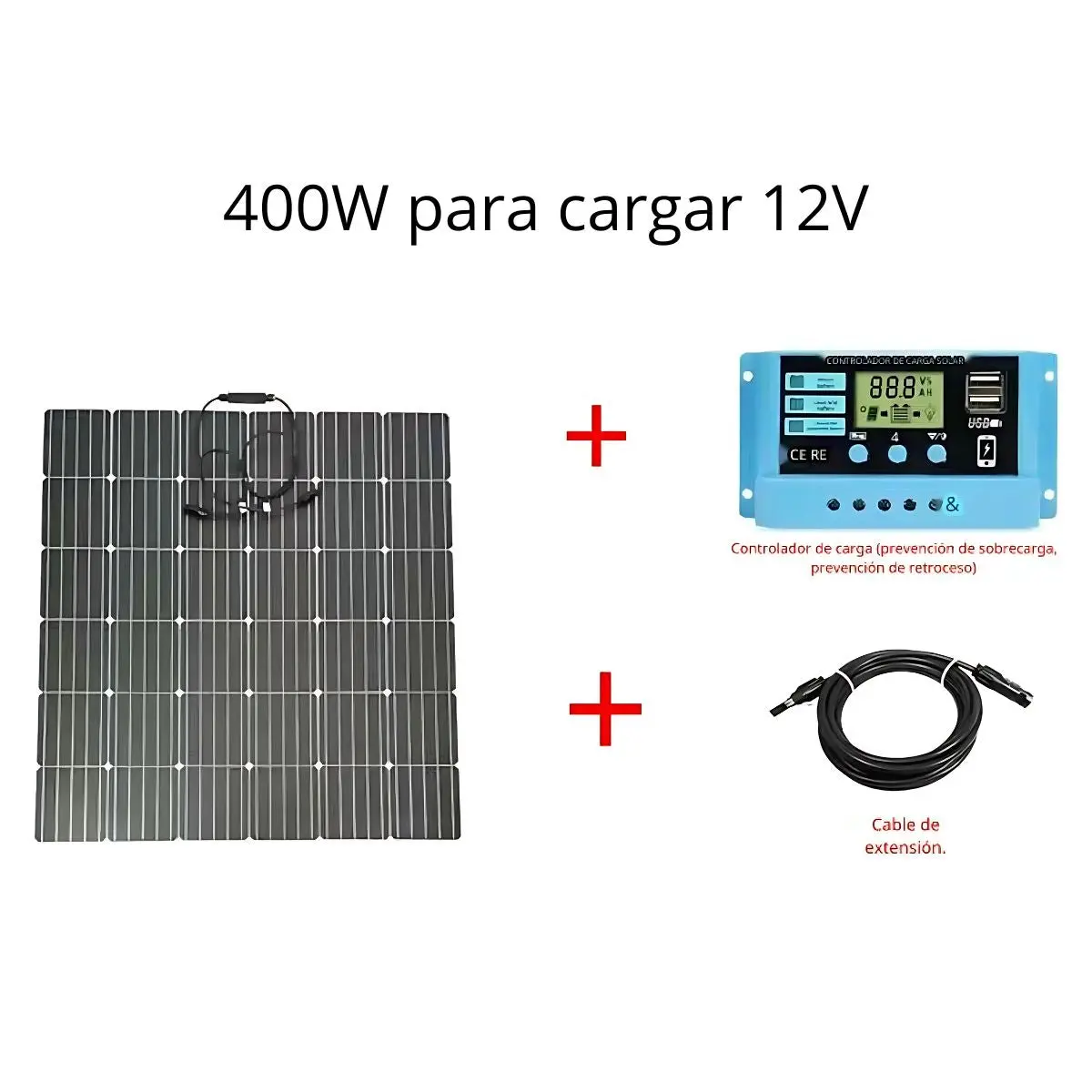 Panel Solar 400W, 12V Monocristalino. Con Controlador De Carga Y Cable. 200X100 Cm. Resistente Al Agua. 1