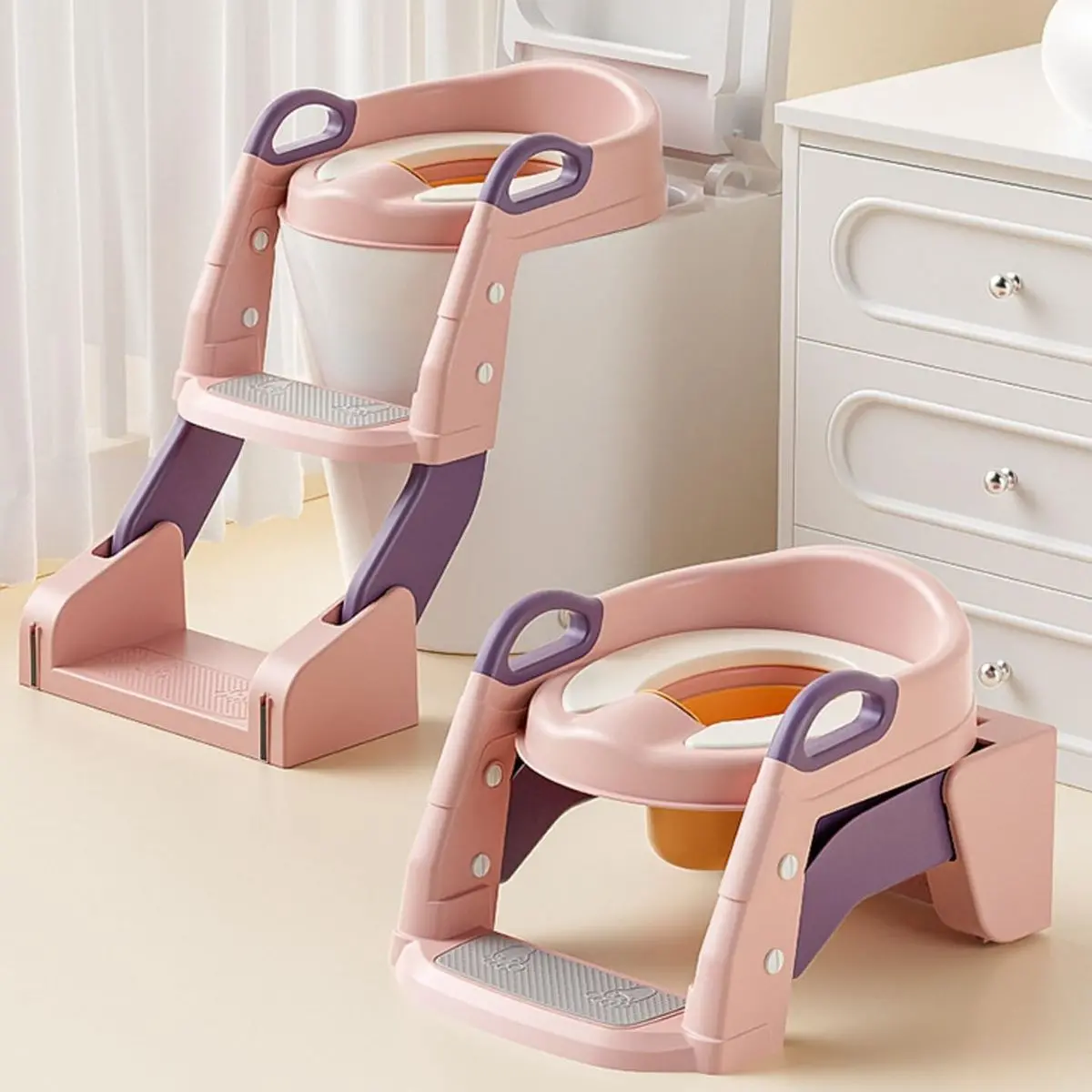 Asiento Escalera De Entrenamiento Silla De Inodoro Para Niños. (2 En 1) Escalera Infantil Potty Trainer. Escalerita Para Bebe. Color Rosado. 1