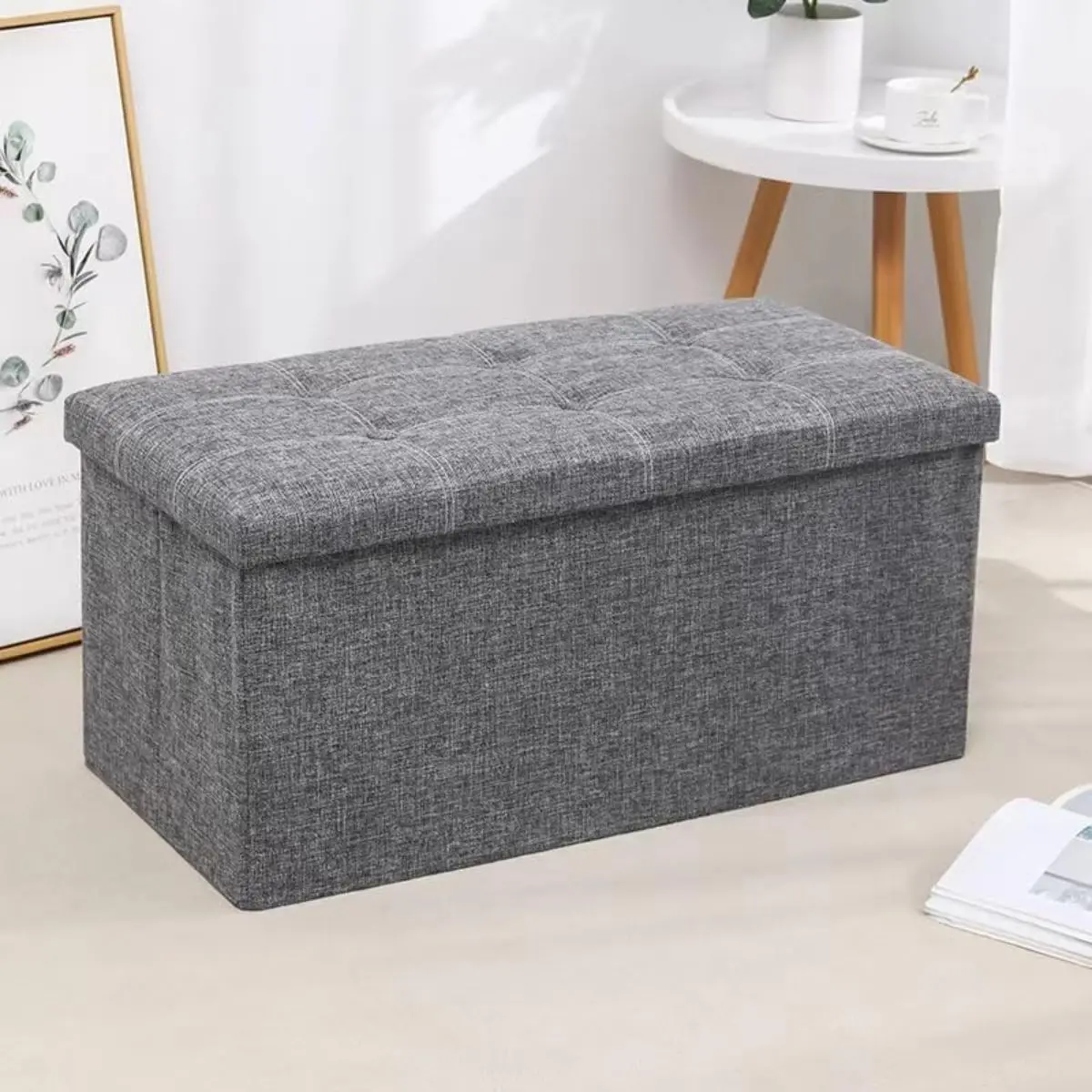 Banco Plegable. Puf Otomano Doble 76X38x38. Baúl Organizador. Color Gris. Caja Banco Con Espacio De Almacenaje. 1