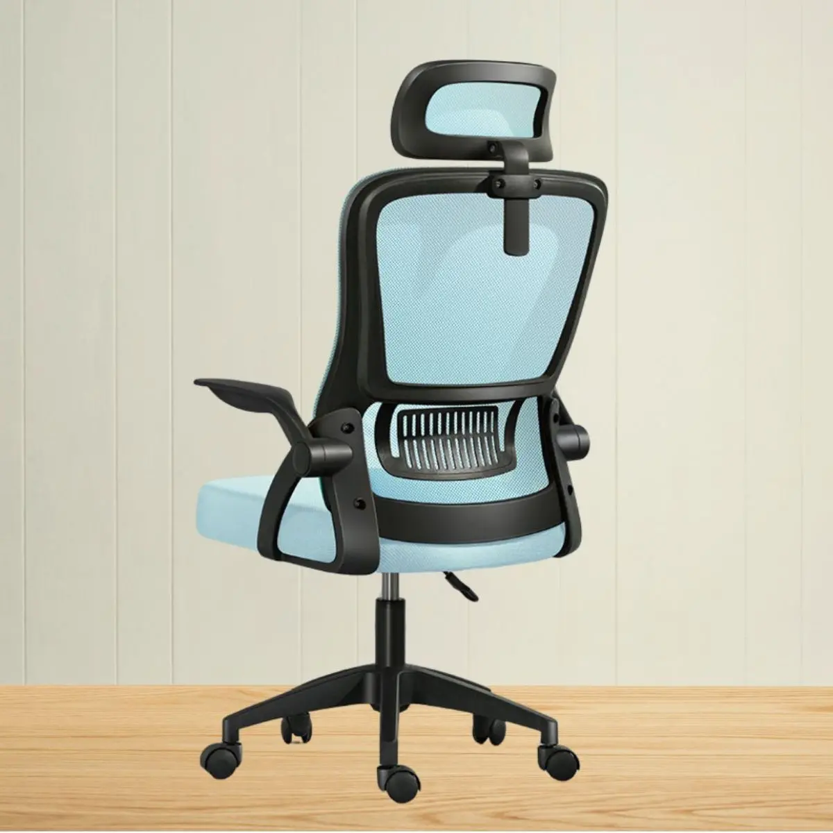 Silla De Oficina Ergonómica. Respaldar Reclinable 125°. Silla Ejecutiva De Escritorio Con Soporte Lumbar Ajustable. Color Celeste Y Negro. 1