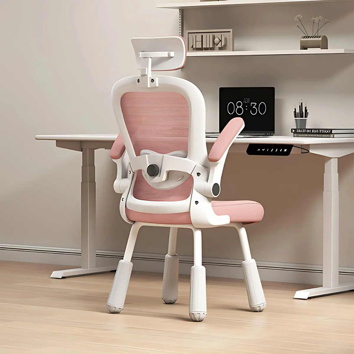 Silla De Escritorio De 4 Patas, Asiento Reclinable Ergonómico, Cómoda Silla De Computadora, Color Blanco Y Rosado Para Escritorio. 1