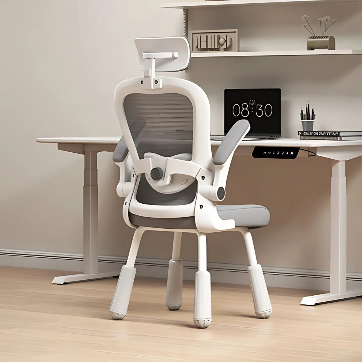 Silla Ergonómica De Escritorio De 4 Patas, Asiento Reclinable, Cómoda Silla De Computadora, Color Blanco Y Gris Para Escritorio. 1