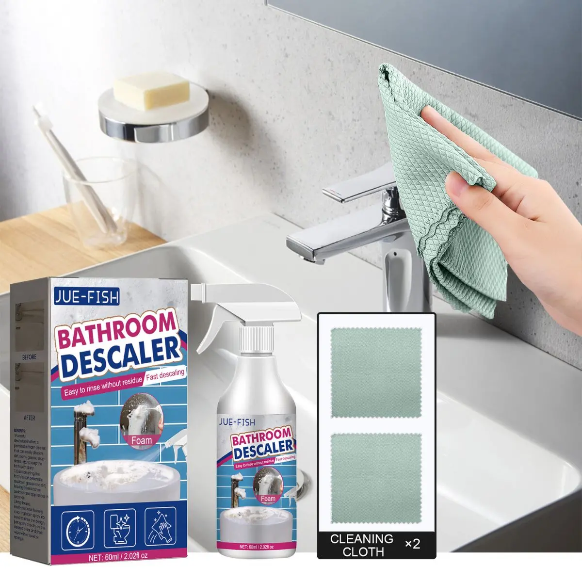 Removedor De Cal Y Sarro Para Baño. Eliminador De Suciedad En Espuma Sin Enjuague 60Ml. Limpiador Multiusos. (Incluye 2 Paños) 1