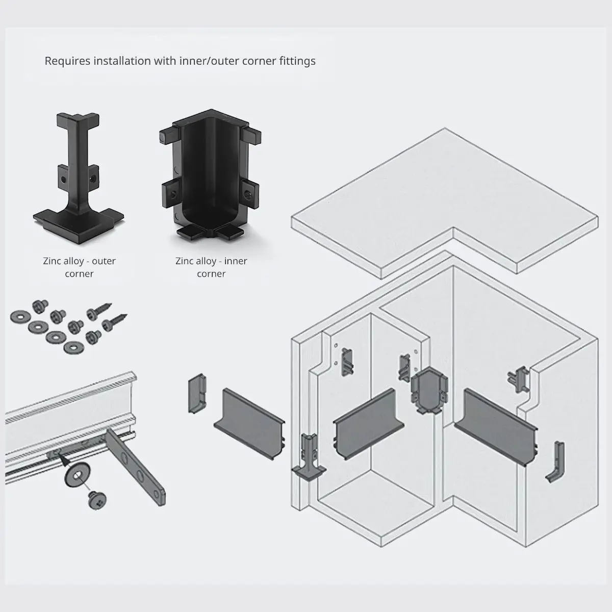 Conector De Esquina Interna Para Zócalo Modular. Color Negro (Unidad). Aleación De Zinc. Conector Esquinero De Ángulo Recto. Perfil Gola De Aluminio Cocinas 2