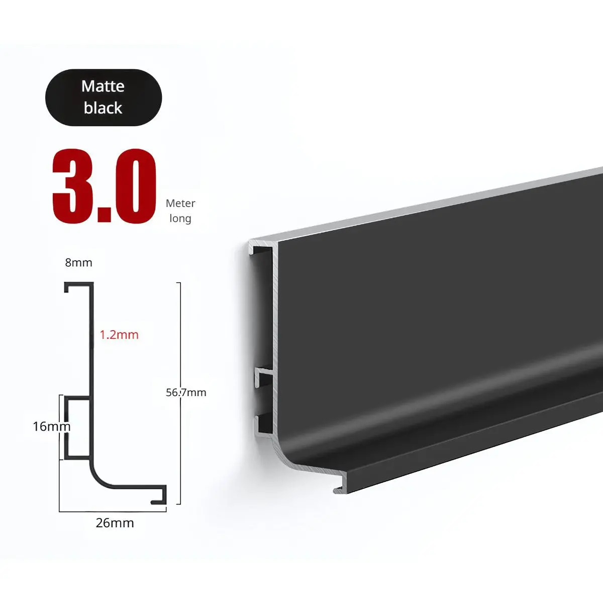 Perfil Inferior Tipo Gola Para Muebles Modulares. (3 Metros) Negro Mate Para Gabinetes Sin Tiradores. Ideal Para Cocina. 2