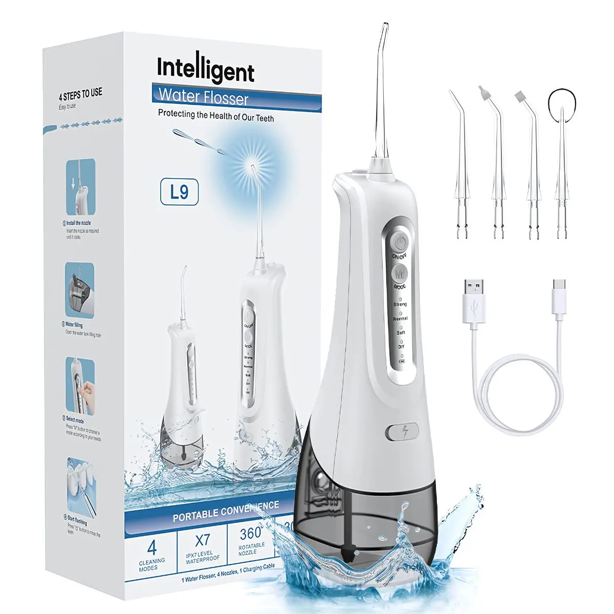Irrigador Bucal Portátil De 4 Modos Con Tanque De 330 Ml Y Boquillas Intercambiables. Limpieza Profunda. 1