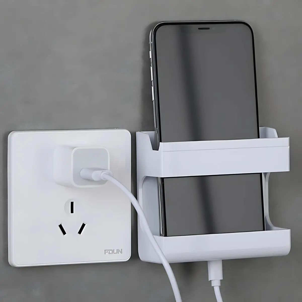 Organizador De Pared Para Celular Y Accesorios. Repisa De Cargador Celular Soporte Adhesivo Multifuncional. Color Blanco. 86X36x97mm. 1