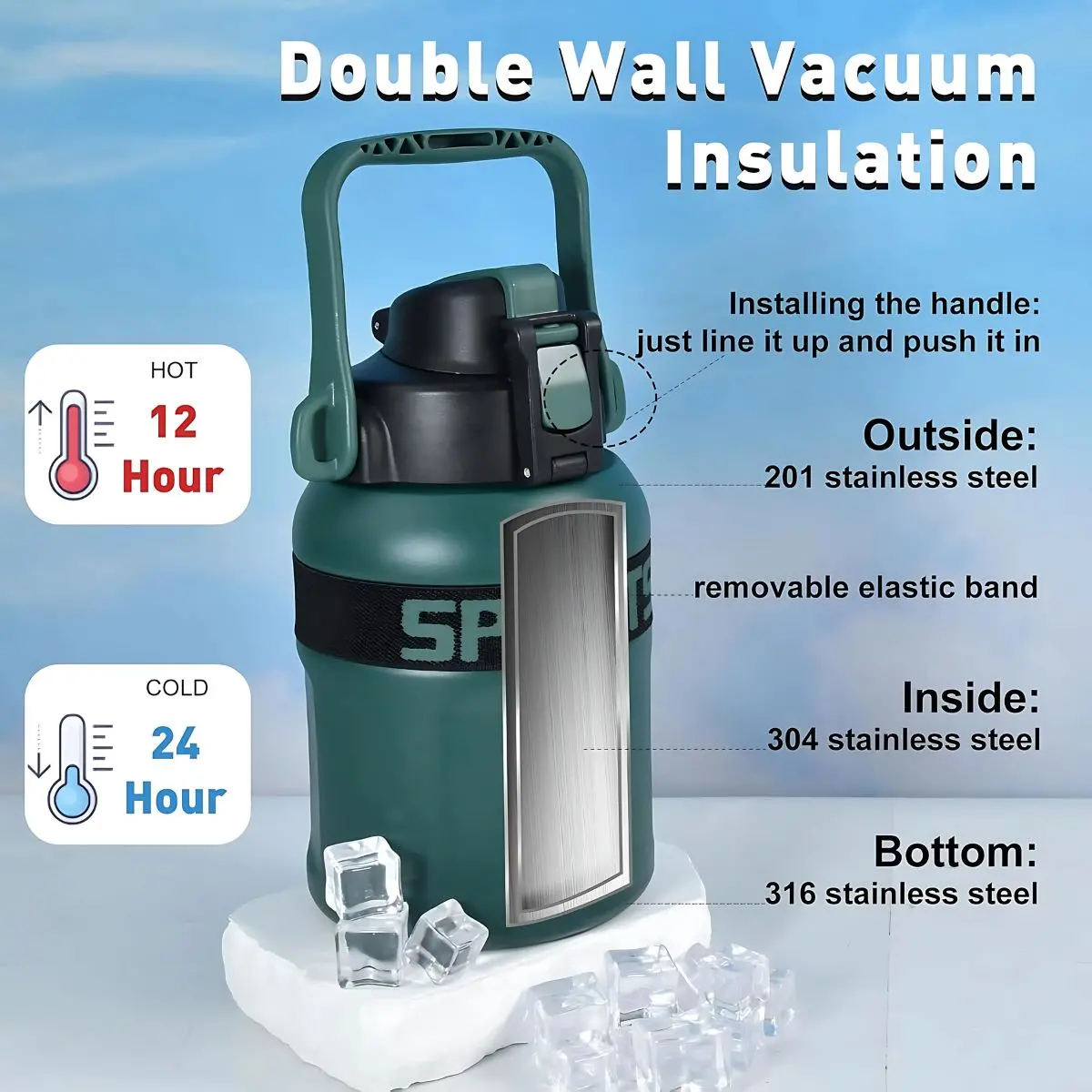 Botella De Agua Térmica 900Ml. Termo Verde Con Correa Y Asa. Acero Inoxidable. 1