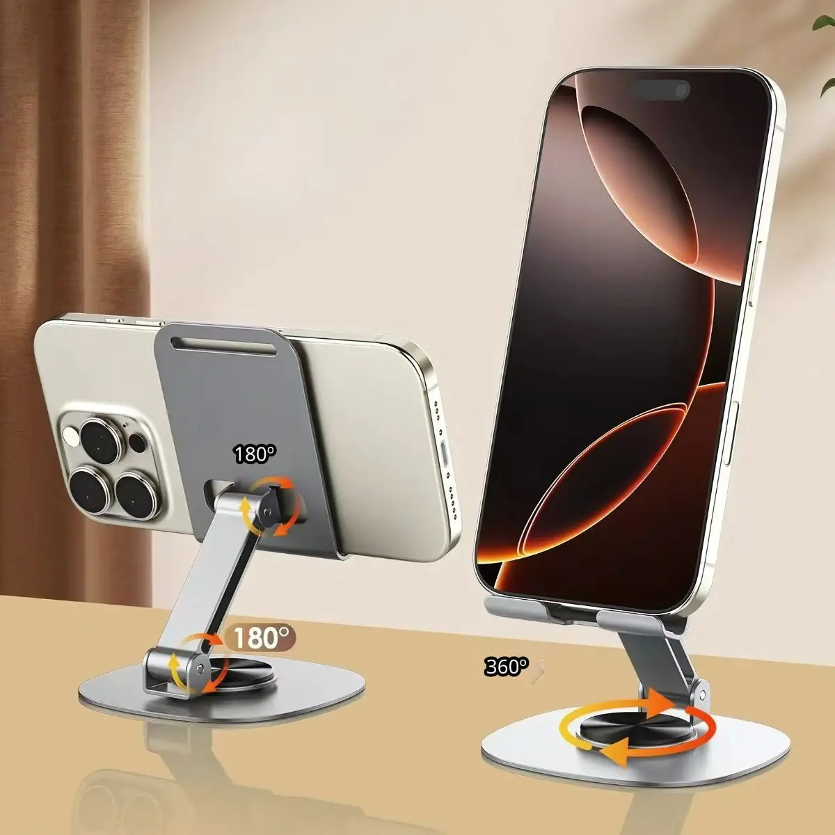 Soporte Metálico Plegable Para Celular Con Rotación 360° Y Altura Ajustable. Base De Teléfono Móvil Antideslizante Para Escritorio. 1