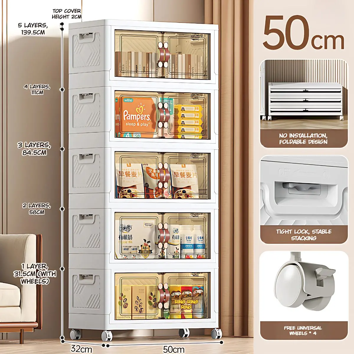 Estante Organizador Modular Plegable Con Ruedas Y Puertas Transparentes. Armario Desmontable Para Almacenamiento (50 Cm De Ancho). Cajones Apilables. 1
