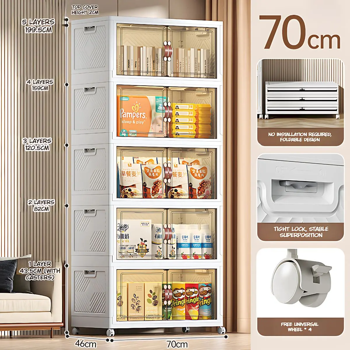 Estante Organizador Modular Plegable Con Ruedas Y Puertas Transparentes. Armario Desmontable Para Almacenamiento (70 Cm De Ancho). Cajones Apilables. 1