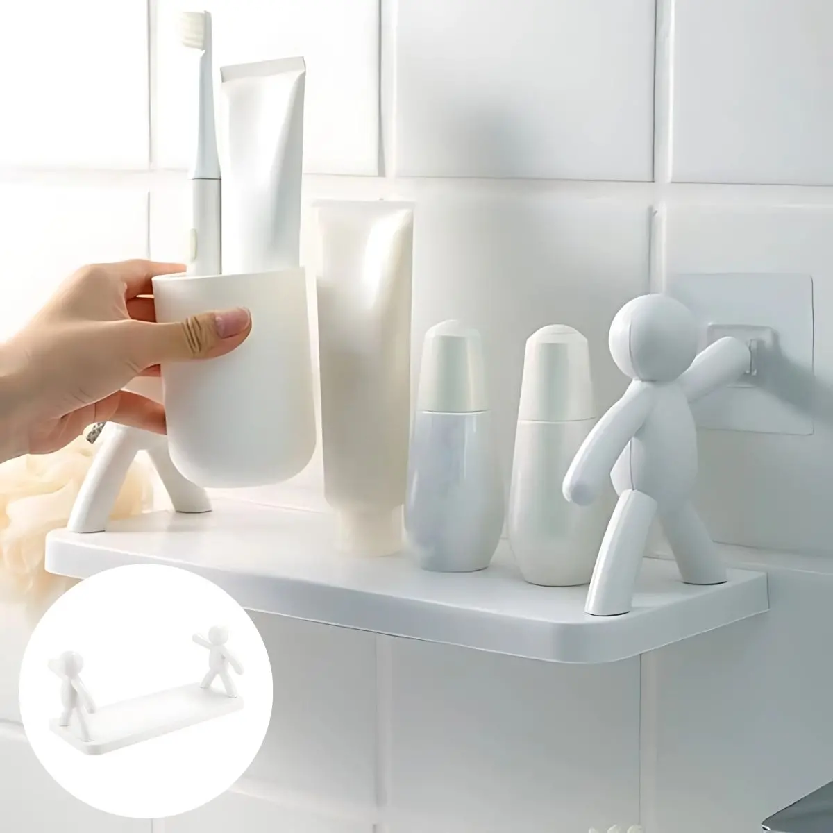 Repisa De Pared. Estante Flotante Adhesivo Con Figuras Decorativas. (Unidad) Tablilla Color Blanco. 31.5X12 Cm Para Baño O Cocina. 1