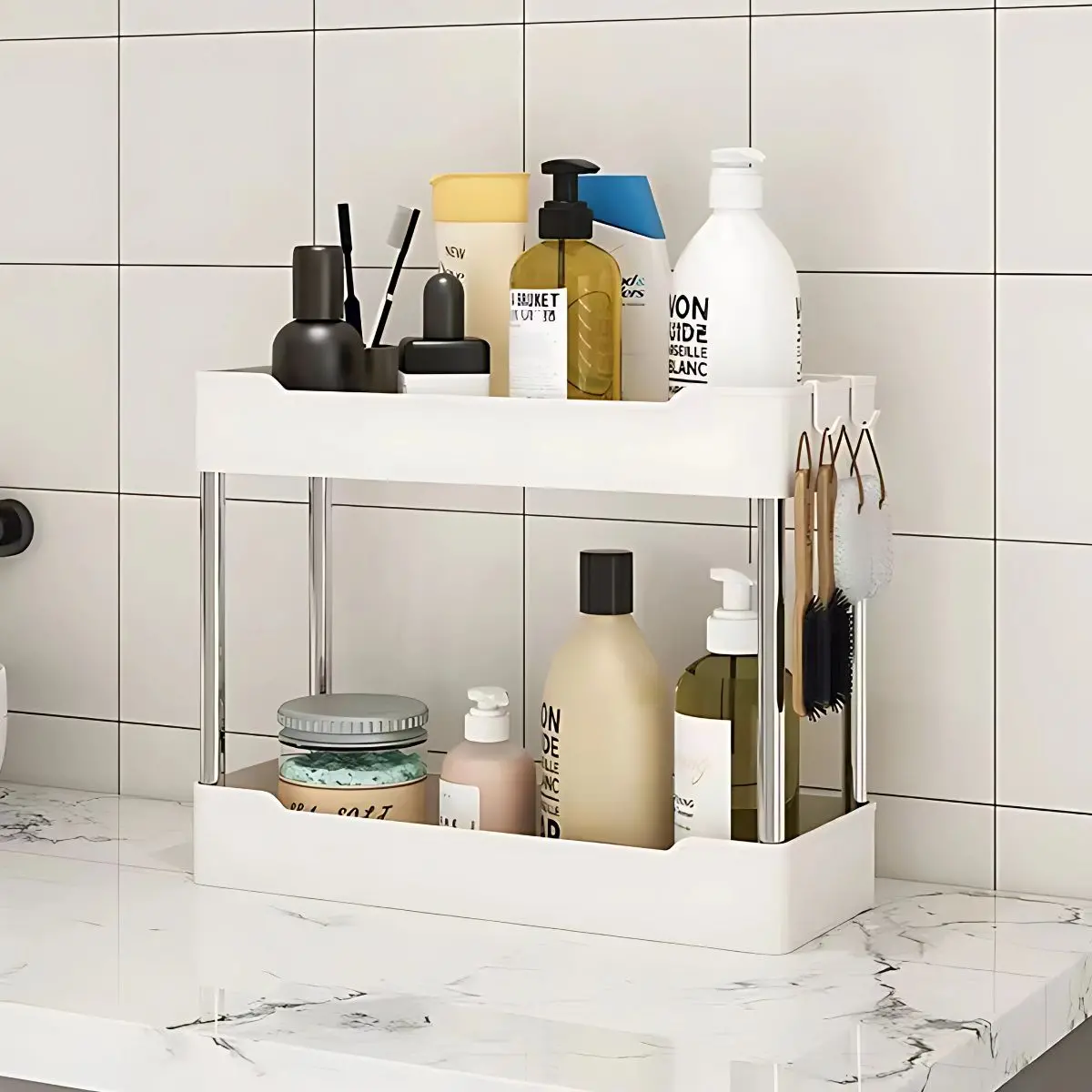 Estante De Almacenamiento De 2 Niveles Con Ganchos. 40X15x32cm Color Blanco. Organizador. Anaquel Multiusos De Almacenaje. Cocina Baño 1