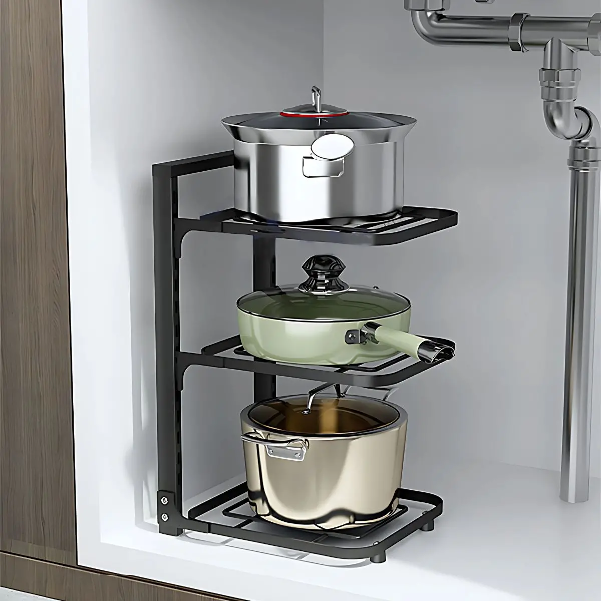 Estante Organizador Vertical. Ideal Para Ollas Y Sartenes. Estantería Ajustable De 3 Niveles. Para Cocina Debajo Del Fregador. Repisa De Almacenamiento. 1