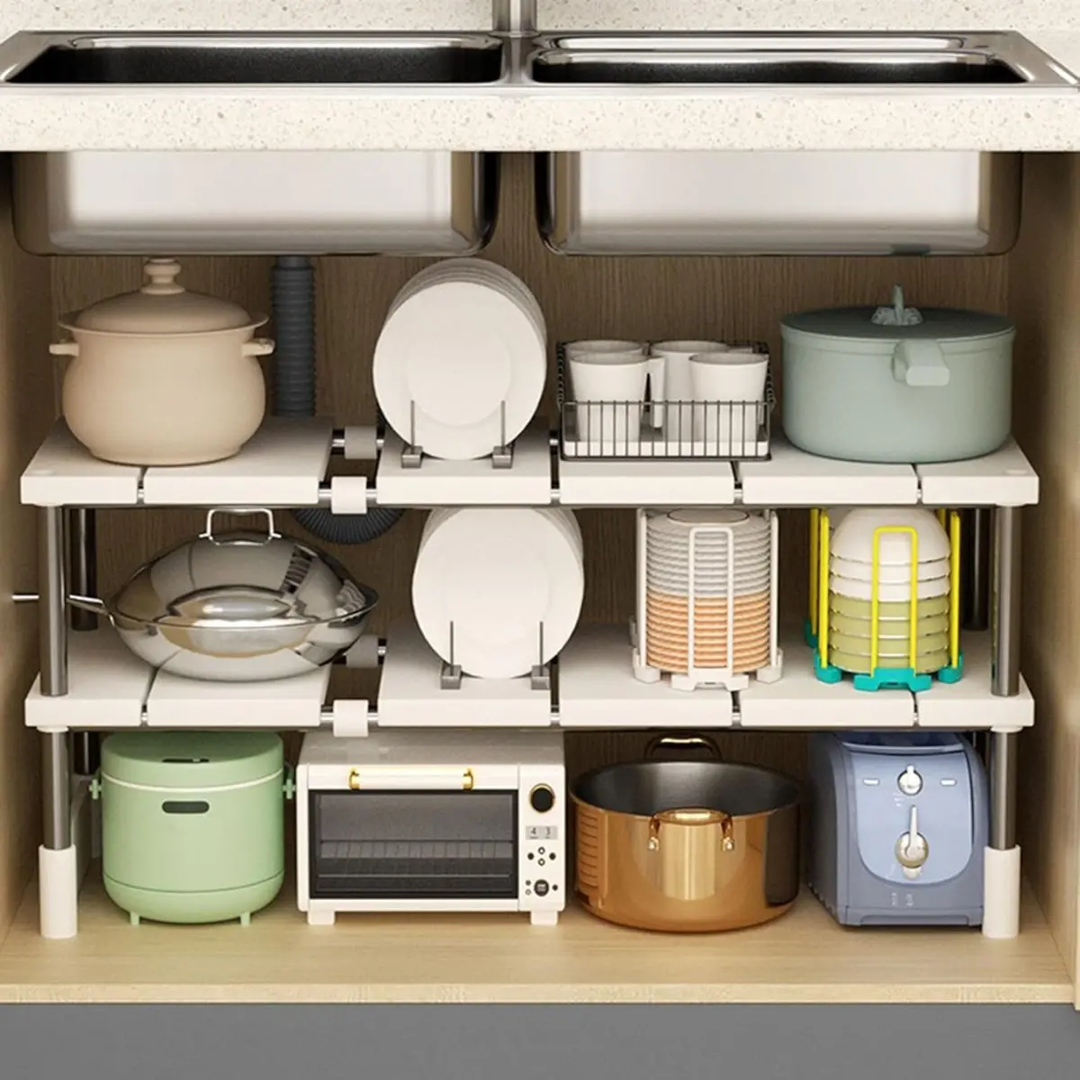 Estante Organizador Ajustable De 2 Niveles. Color Blanco. Repisa De Almacenamiento. Para Cocina Debajo Del Fregador 1