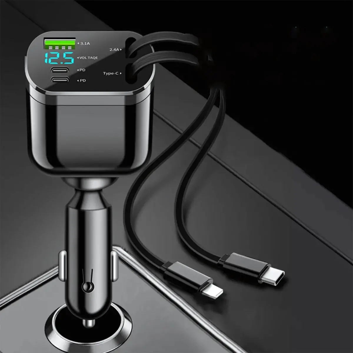 Cargador De Auto 5-En-1 Con Usb 3.1 Y Tipo C . Carga Rápida Universal Para Celulares Y Otros Dispositivos. Cargador De Carro Para Celular. Cable 100W 1