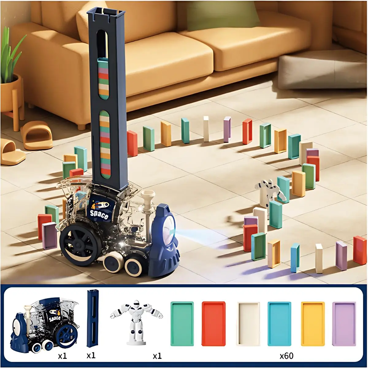 Juguete Tren De Dominós Eléctrico Para Niños. Juego Interactivo Con 60 Bloques, Educativo Y Divertido. 1