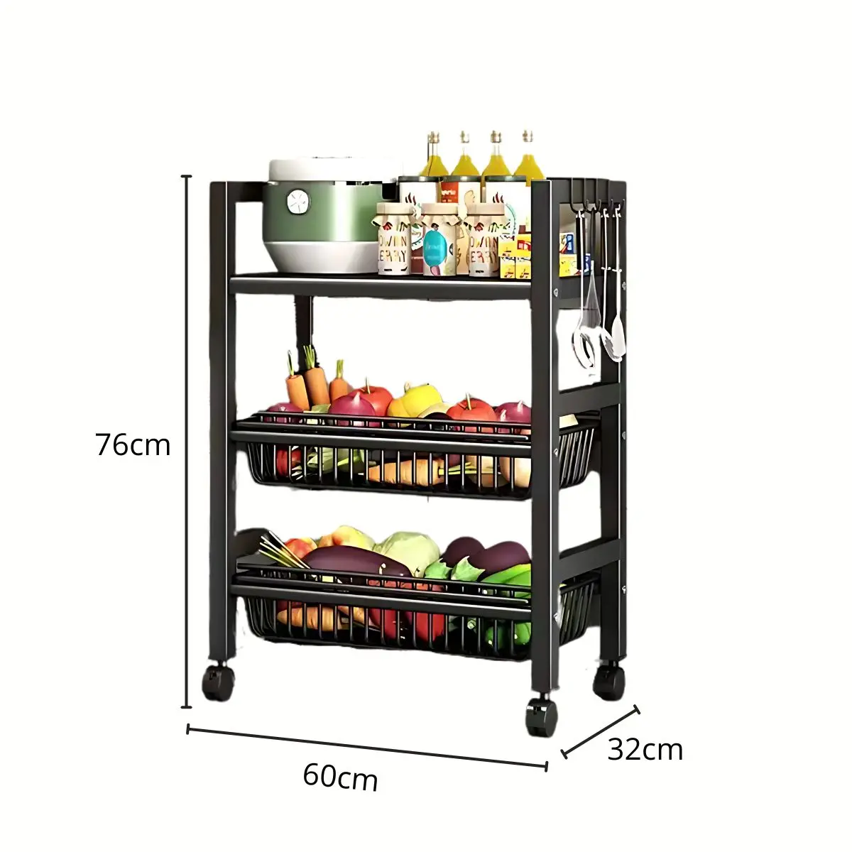 Carrito Organizador De 3 Niveles. Color Negro 76X60x32cm. Anaquel Multiusos De Almacenaje Con Ruedas. Estanteria Repisas 1