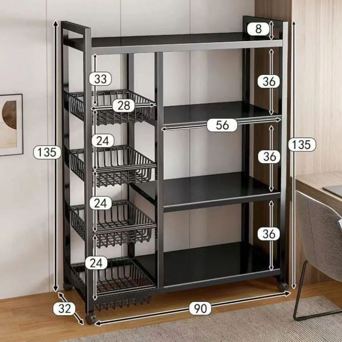 Estante Repisas Carrito Organizador De 4 Niveles. Color Negro 135X90x32cm. Anaquel Multiusos De Almacenaje Con Ruedas. 1
