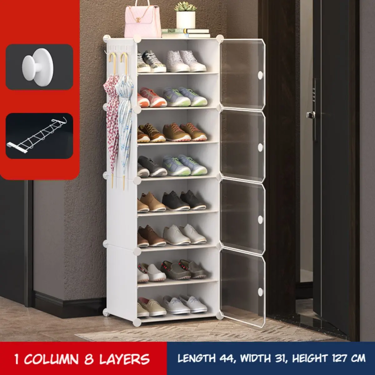 Organizador De Zapatos De 1 Columna 8 Niveles Con Puertas Transparentes. Zapatero Compacto Economico De Plastico Tensado. 44X127x31cm. 2