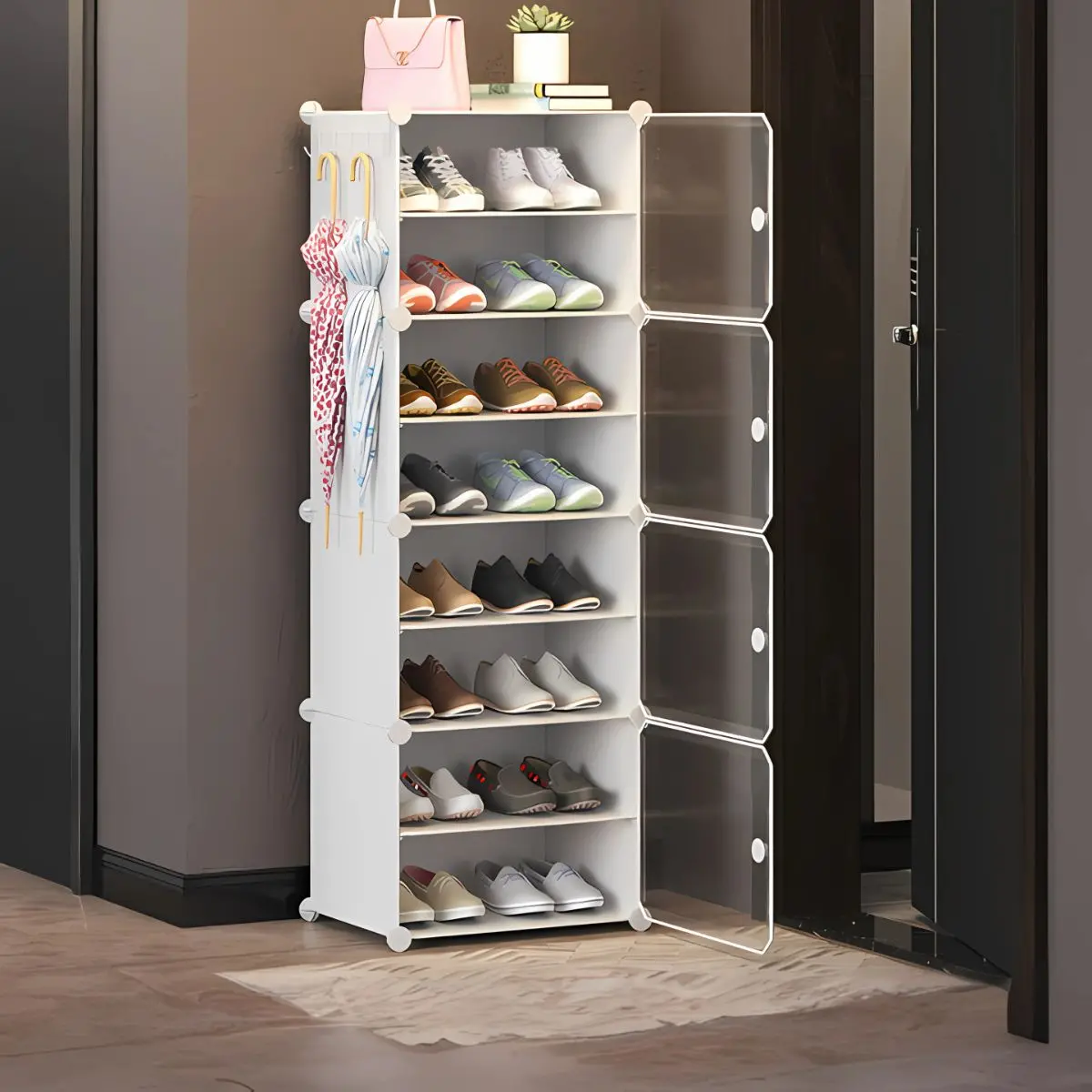 Organizador De Zapatos De 1 Columna 8 Niveles Con Puertas Transparentes. Zapatero Compacto Economico De Plastico Tensado. 44X127x31cm. 1