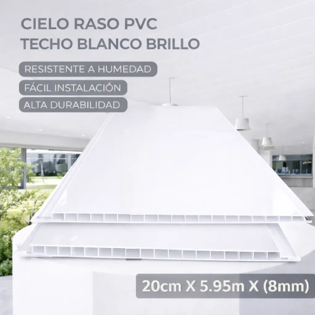 Cielo Raso Pvc Techo Blanco Brillante Brillo Panel 20Cm X 8Mm X 5.95M  Resistente A Humedad Fácil Instalación Alta Durabilidad 1