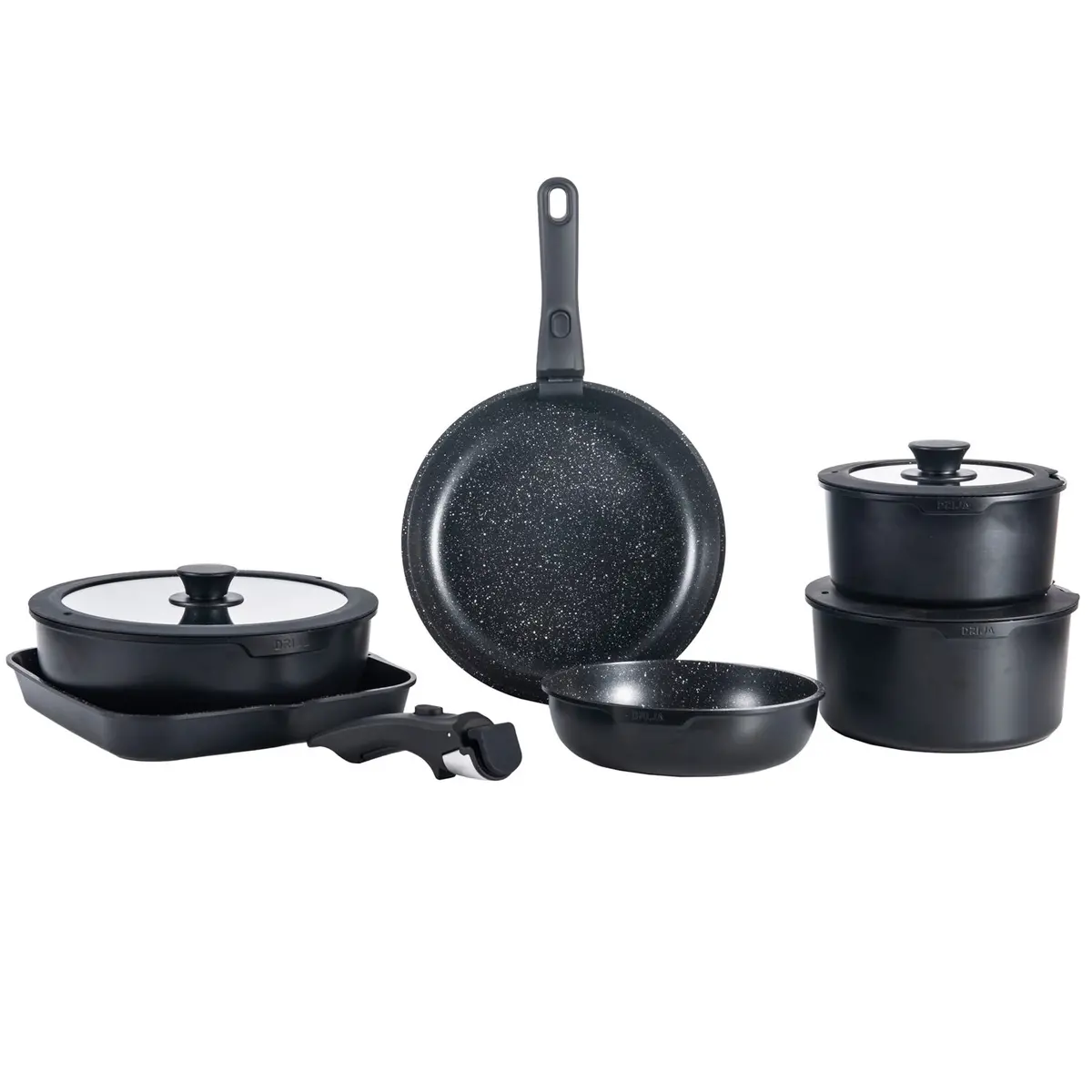 Juego De Ollas Y Sartenes Antiadherentes Con Asas Desmontables. Set De 19 Piezas, Color Negro. Modelo Bucatini Drija 1