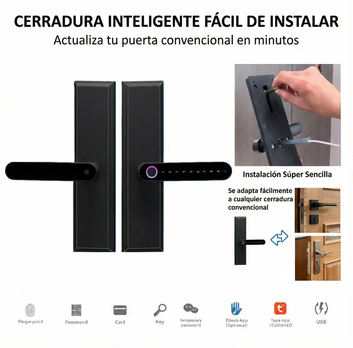 Cerradura Inteligente Para Puertas Interiores 5 En 1 Llave Huella Contraseña App Instalación Sencilla Reemplazo Directo Sin Modificaciones. 1