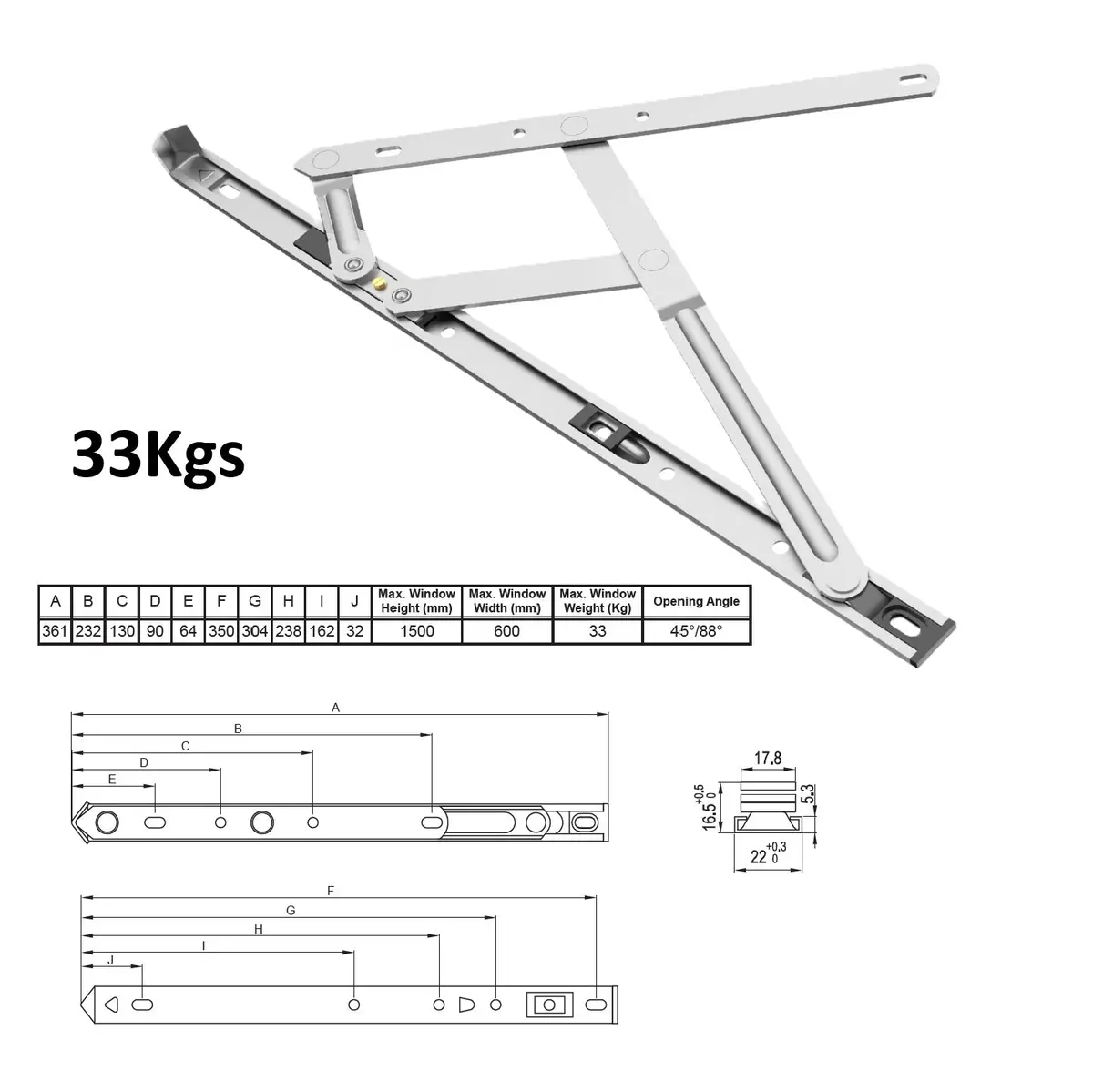 Bisagra Proyectable De Fricción Max. 33Kg Para Ventanas Upvc De Acero Inoxidable 304 1