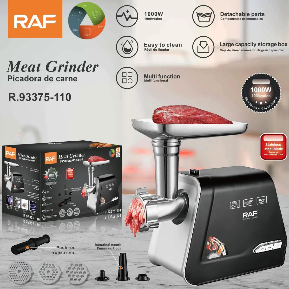 Moledora De Carne Eléctrica 1000W. Picadora De Carne Con Cuchilla De Acero Inoxidable Y Accesorios Para Embutidos 110V. 1