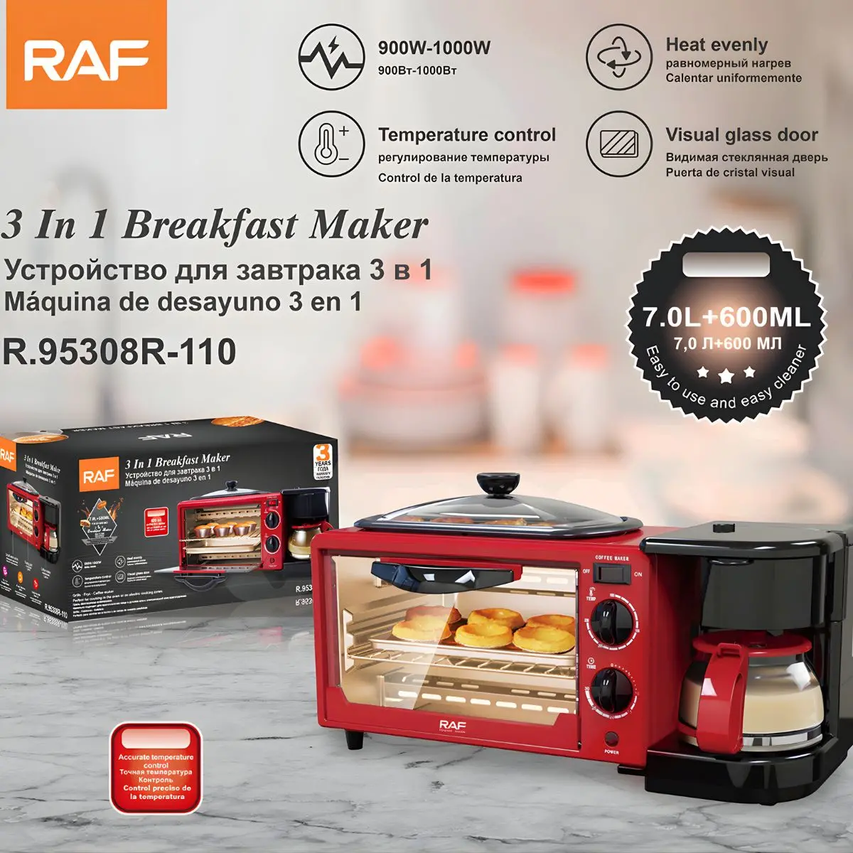Estación De Desayuno 3 En 1 Con Horno Tostador, Cafetera Y Plancha Superior. Capacidad 7L + 600Ml 110V. 1