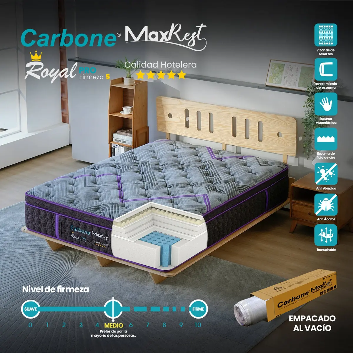 Colchones Royal 5 Star Hotel Firmeza 5 Carbone Max Rest Empacados Al Vacío Pillow Top Colchón Calidad Hotelera Memory Foam Con Resortes 35Cm Espesor (13.7") 1