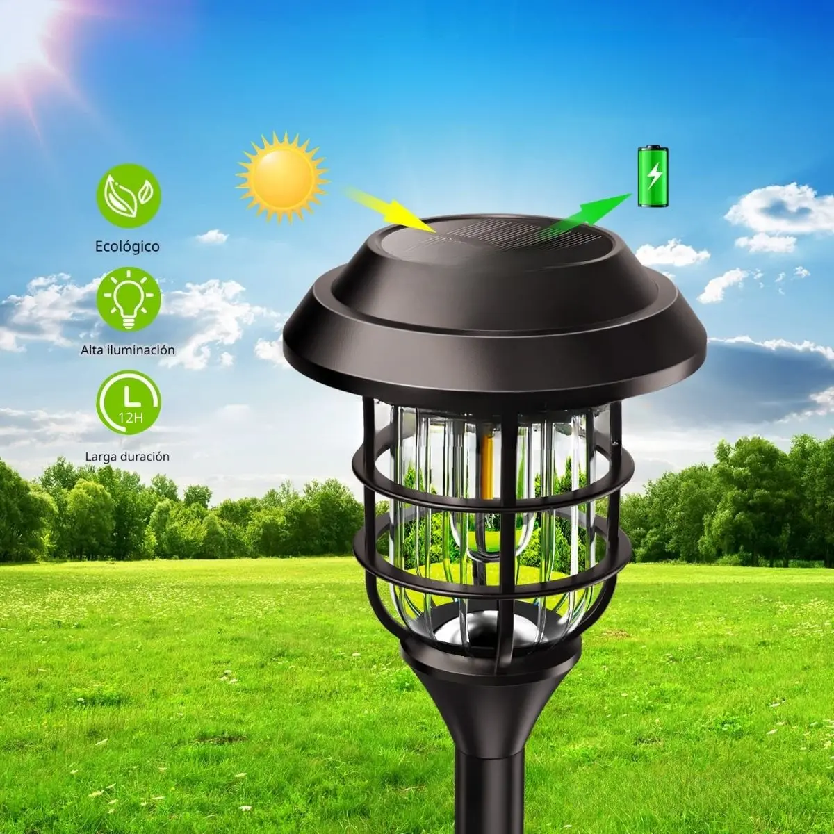 Lampara Solar Para Césped Tipo Estaca Led. (Pack De 8) Lampara Negra Con Panel Solar Integrado. Para Jardín. (Luz Cálida). Foco 2