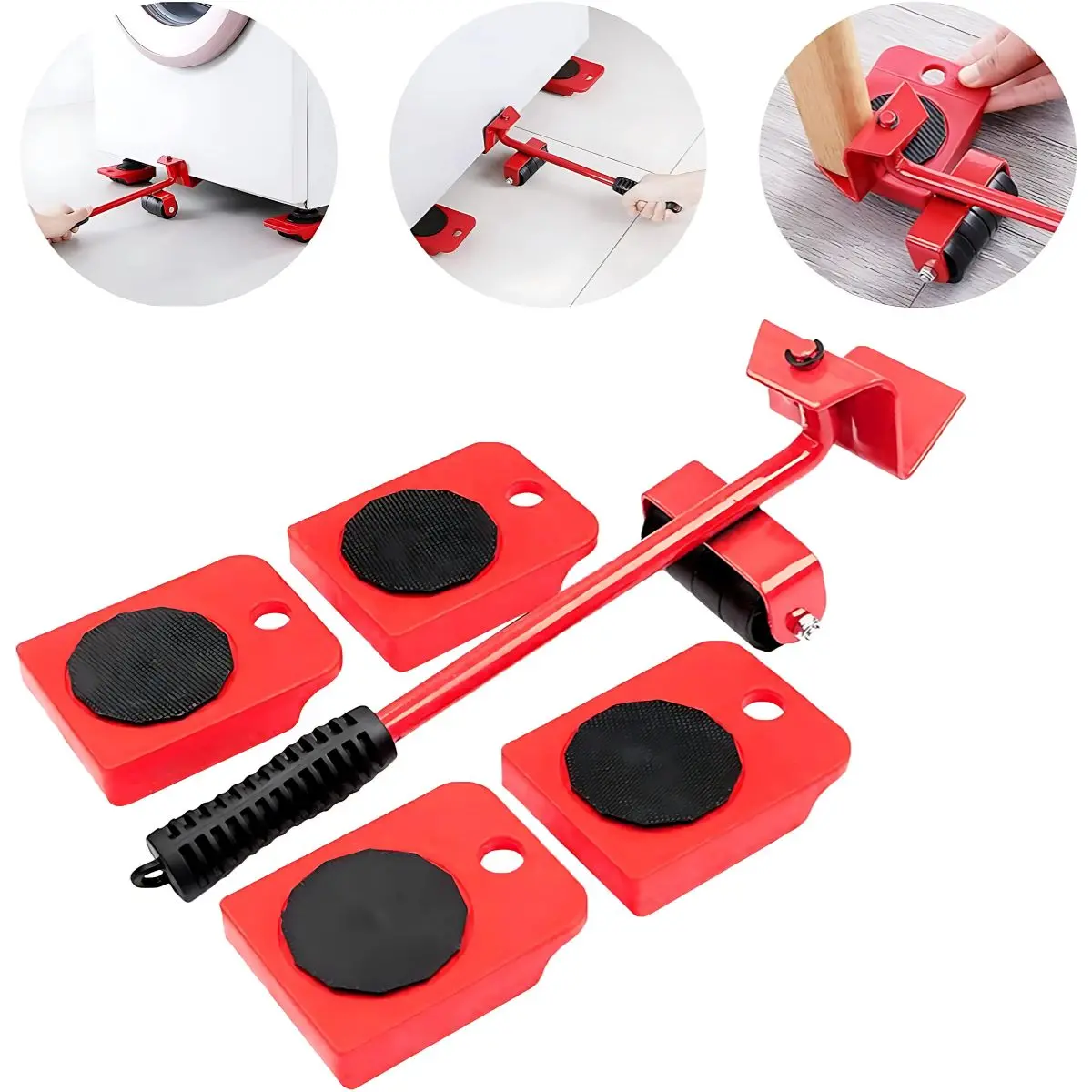 Transportador Levantador Ruedas De Muebles Y Objetos Pesados. Kit De 5 Piezas Con Palanca Y Ruedas Giratorias 360°. Juego De Herramienta Para Mudanzas. 1